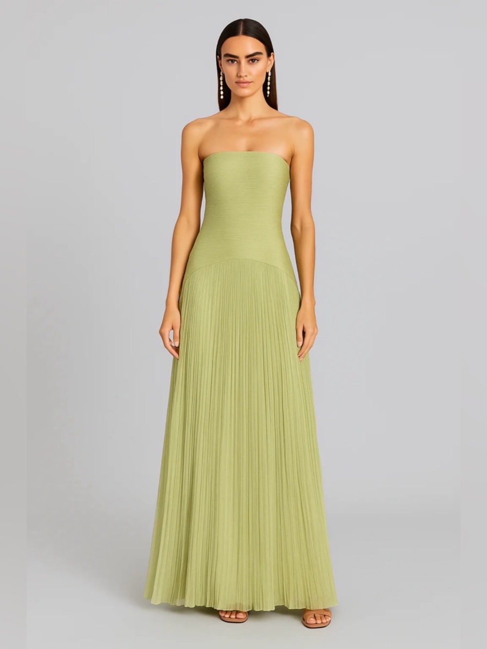 Strapless Olive Green Pleated Maxi Dress